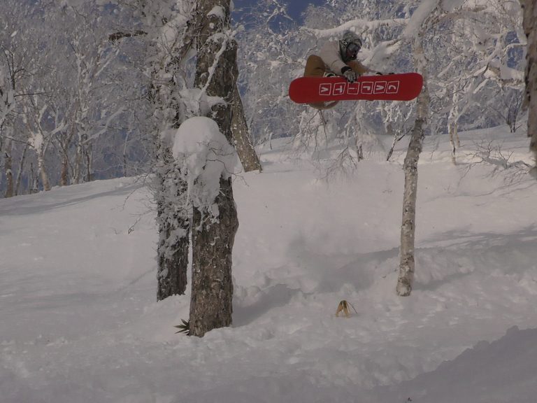 Rinat riding powder between snowy trees.