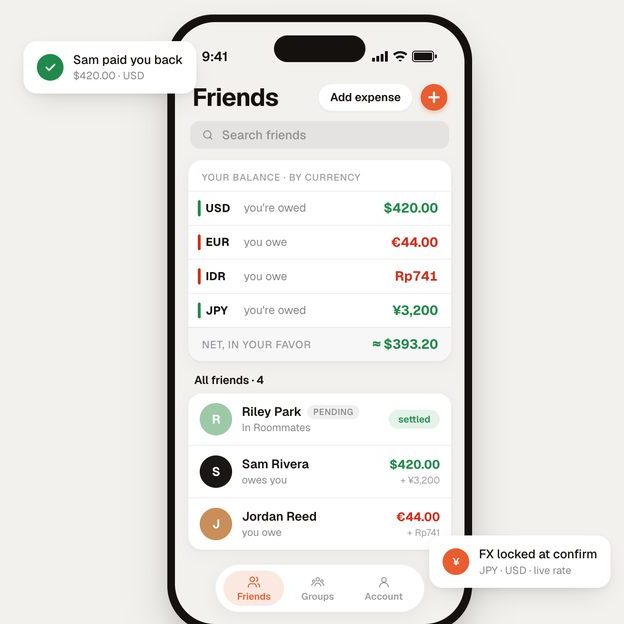 Splithub on iPhone: balances by currency, the net total in your favour, and the list of friends with amounts.